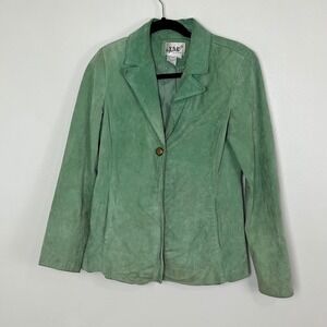 Vintage Boho Suede Leather Jacket Womens Small Green Single Button Blazer